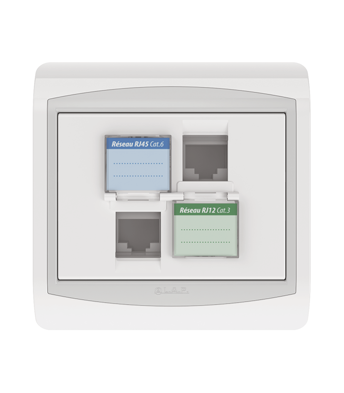 DOUBLE PRISE RJ45 CAT.6 + Prise RJ12 CAT.3 + obturateurs