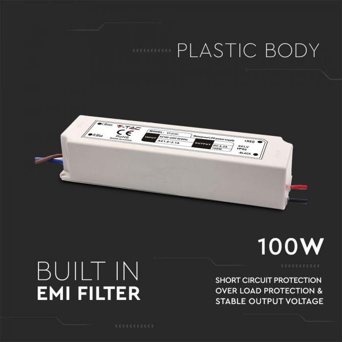 VT-22101 ALIMENTATION LED 100W PLASTIQUE MINCE 12V IP65