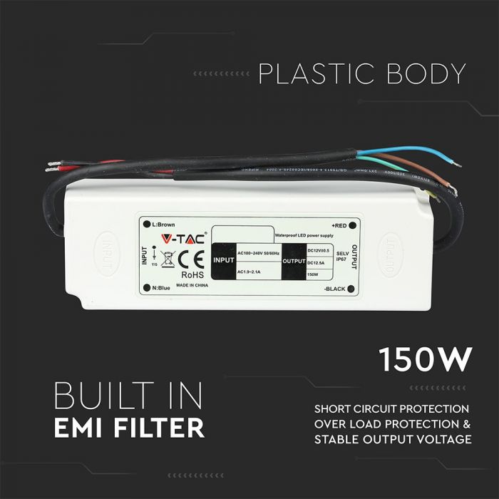 VT-22153 ALIMENTATION LED 150W PLASTIQUE MINCE 12V IP67