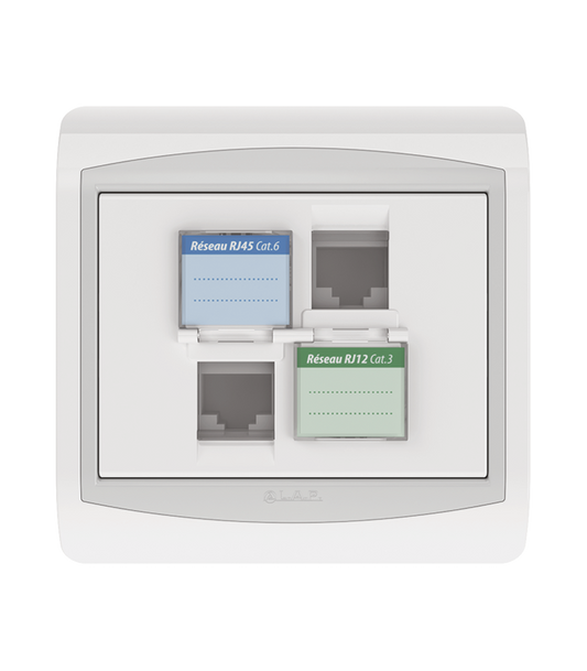 DOUBLE PRISE RJ45 CAT.6 + Prise RJ12 CAT.3 + obturateurs