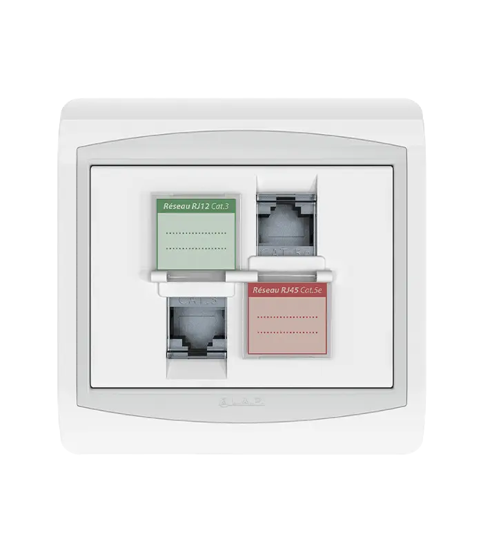 PRISE MIXTE RJ45 CAT.5e + Prise RJ12 CAT.3 + Obturateurs . LAP