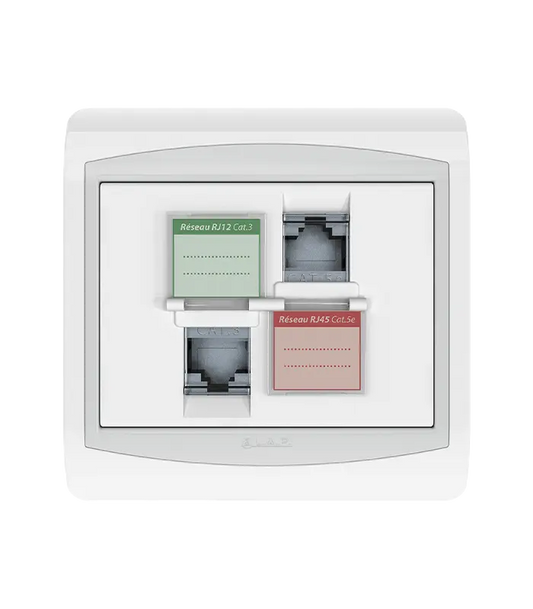 PRISE MIXTE RJ45 CAT.5e + Prise RJ12 CAT.3 + Obturateurs . LAP
