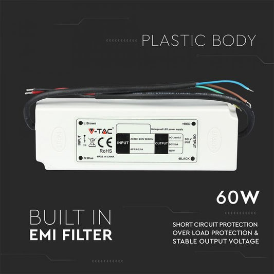 VT-22061 ALIMENTATION LED 60W PLASTIQUE MINCE 12V IP67