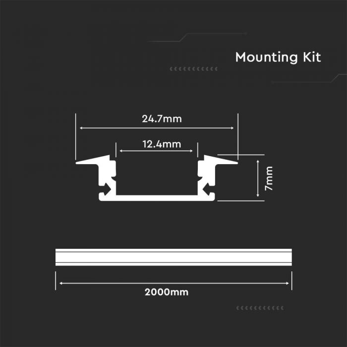 KIT DE MONTAGE VT-8122 AVEC DIFFUSEUR POUR BANDE LED PCB 12MM ENCASTRÉ 2000X24,7X7MM BLANC