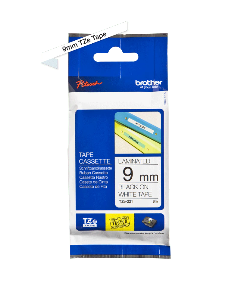 Cassette à ruban Brother TZe-221 - Noir sur blanc, 9 mm de large / 8 m de long